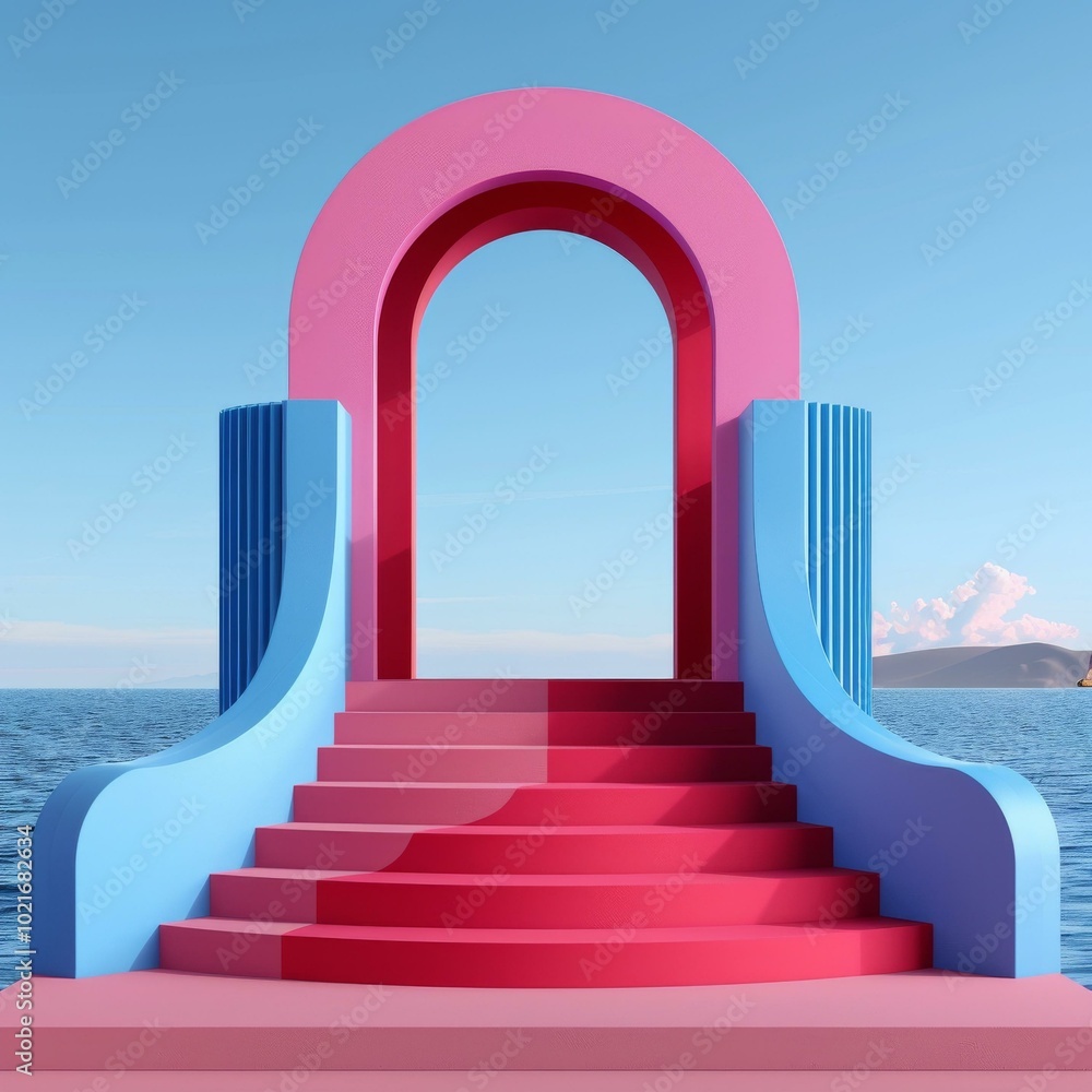 Pink and blue minimal surreal seascape with arch and stairs Pink and blue minimal surreal seascape with arch and stairs