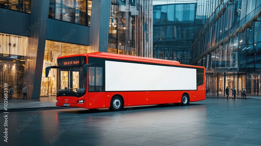 Naklejka premium Red electric bus with blank billboard driving through night city street