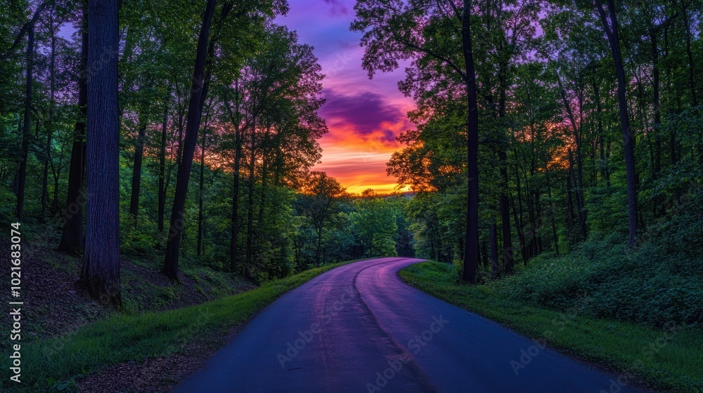 Fototapeta premium A winding road through a forest with a beautiful sunset in the background.