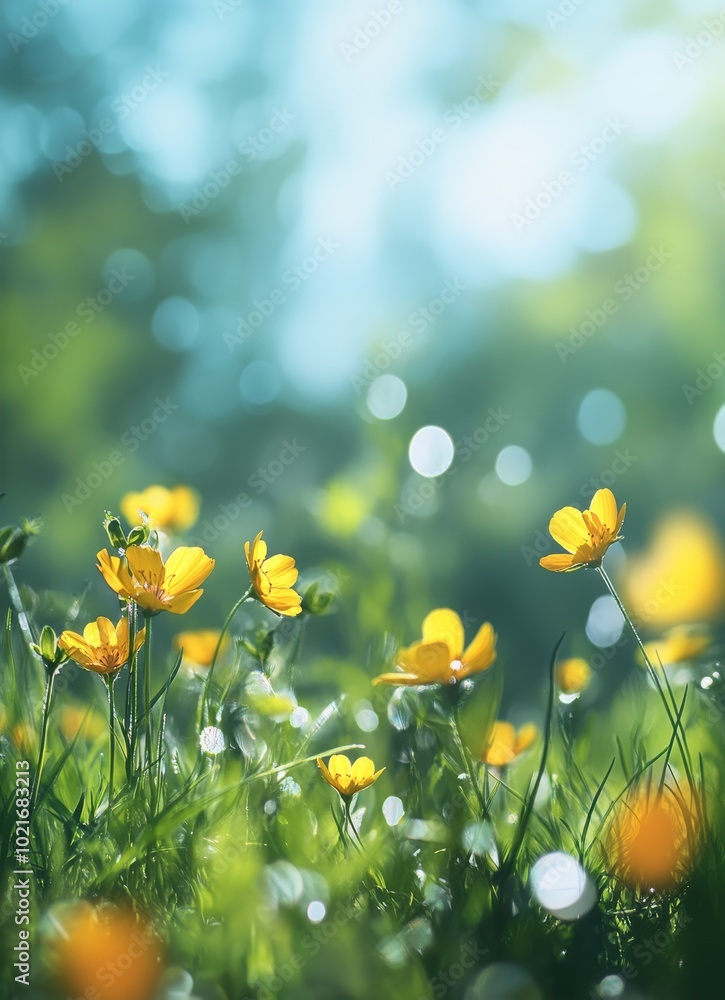 Fototapeta premium Vibrant yellow wildflowers blooming in a lush green meadow under bright sunlight