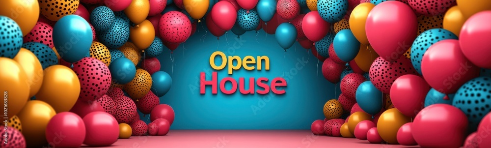 Colorful background with balloons and a sign that says open house Colorful background with balloons and a sign that says open house