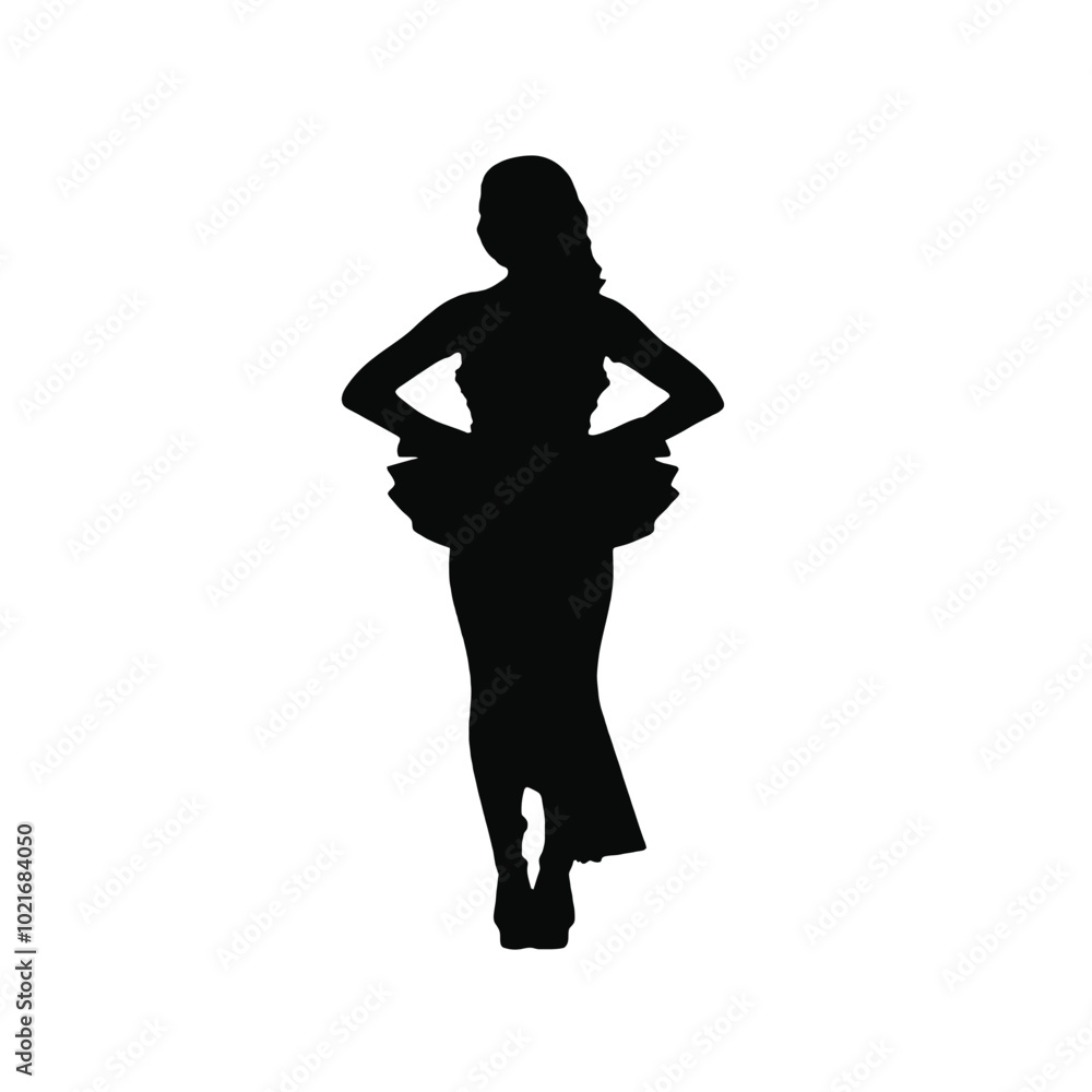Fototapeta premium A silhouette of a woman wearing a dress with a ruffled skirt, standing with her hands on her hips