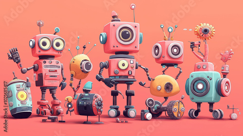 illustration featuring a group of cute and friendly robots, each with unique designs and functions, such as a helper bot, a repair bot, and a companion bot.