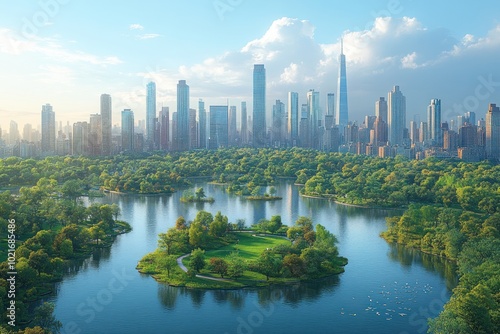 Aerial view of a large urban park with a lake and a cityscape in the background.