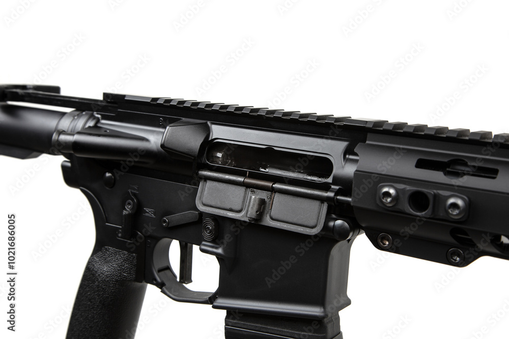 Close-up of the rifle's bolt. Modern automatic rifle isolated on white background. Weapons for police, special forces and the army. Automatic carbine. Assault rifle on white. Close-up of the rifle's bolt. Modern automatic rifle isolated on white background. Weapons for police, special forces and the army. Automatic carbine. Assault rifle on white.