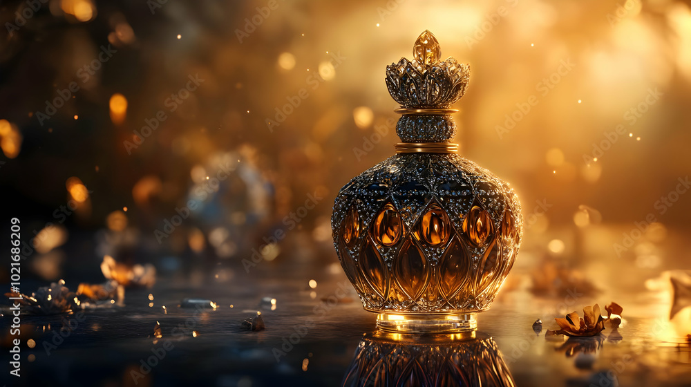 Ornate Golden Perfume Bottle 3D Illustration Ornate Golden Perfume Bottle 3D Illustration