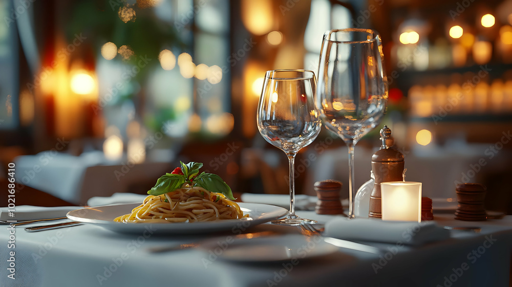 Dinner Table with Pasta, Wine Glasses, and Candlelight - Realistic Image Dinner Table with Pasta, Wine Glasses, and Candlelight - Realistic Image