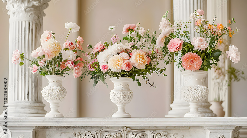 Fototapeta premium A set of vases adorned with flowers rests atop a white mantel featuring intricate marble pillars
