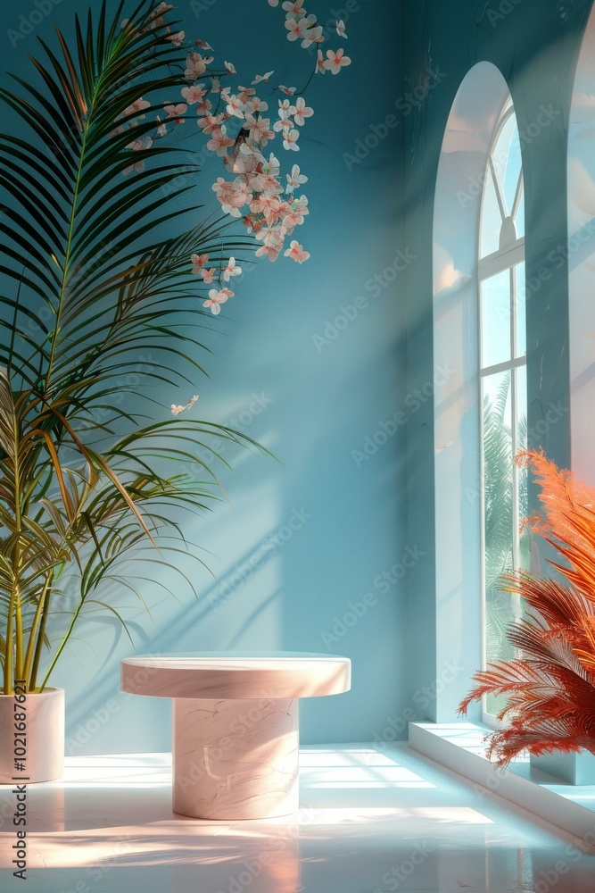 Pastel Blue Room with Round Table and Flowers Pastel Blue Room with Round Table and Flowers