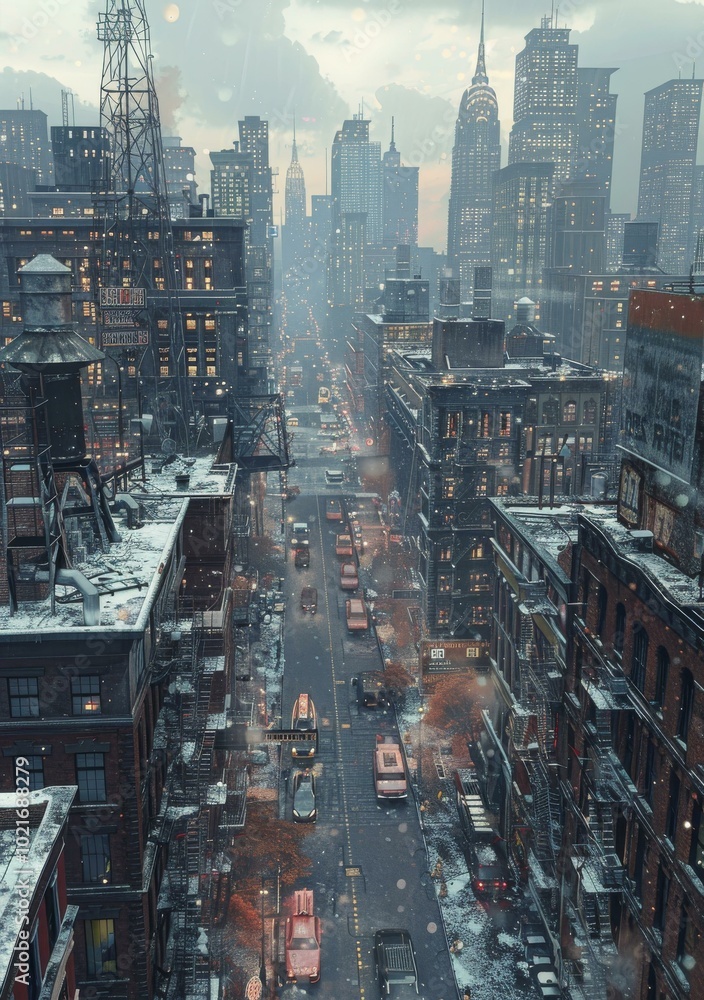 Fototapeta premium Snowy City Street Scene in Winter