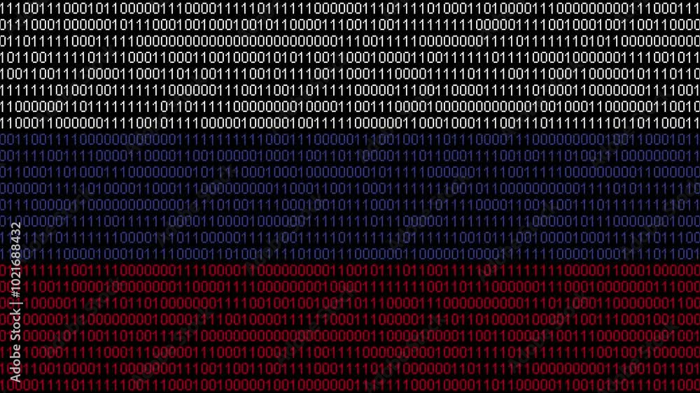 Binary code on flag of Russia. Program source code or Hacker concept on Russian flag. Russia digital technology security, hacking or programming