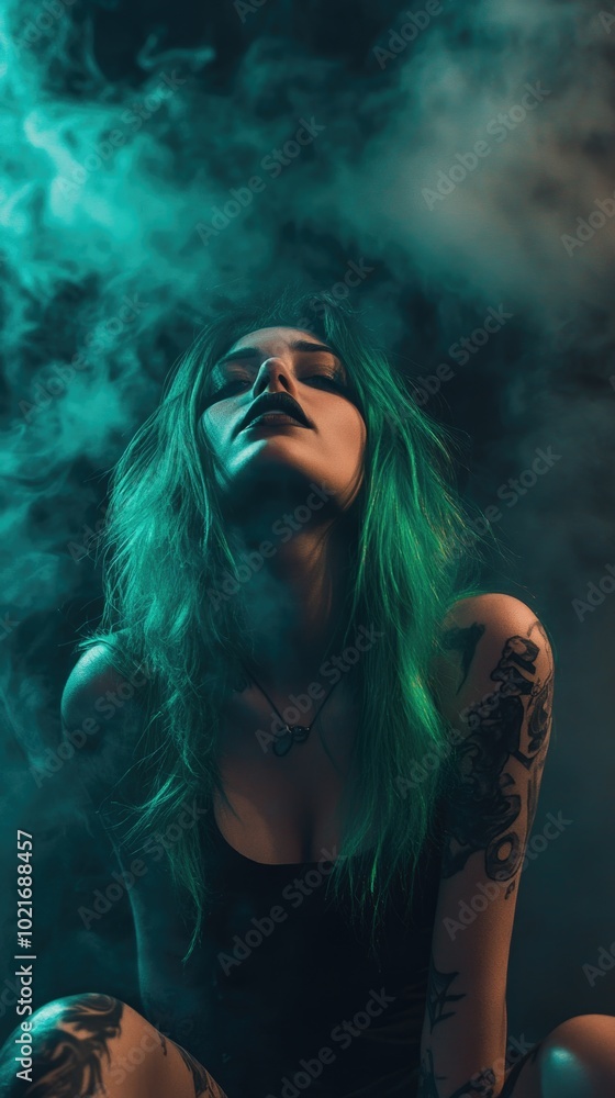 A girl with green hair and tattoos poses amidst dark smoke for a striking vertical wallpaper suitable for smartphones A girl with green hair and tattoos poses amidst dark smoke for a striking vertical wallpaper suitable for smartphones