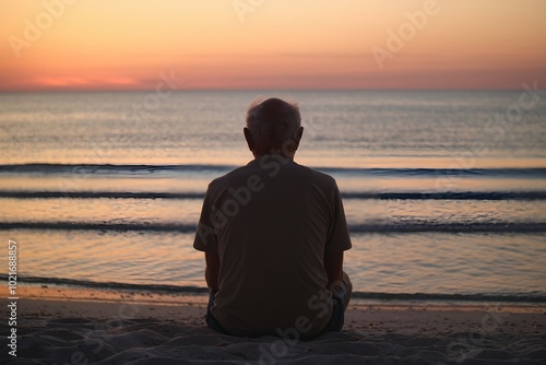 A Lonely Man Gazes at the Ocean, An Elderly Person Embraces Freedom and Calm by the Shore Under a Summer Sky