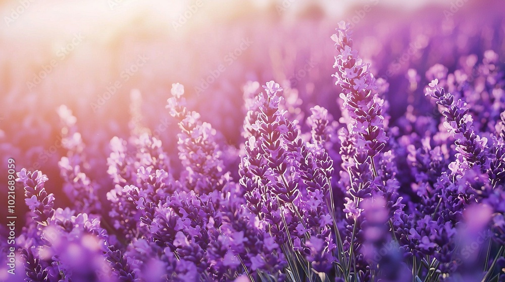 Fototapeta premium A field brimming with purple blossoms, bathed in sunlight filtering through the treetops, with a hazy depiction of the flowers in the foreground