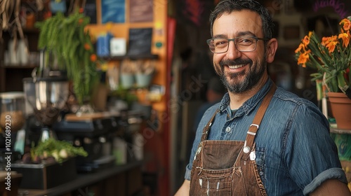 A cheerful shopkeeper smiles warmly in a vibrant, plant-filled store, showcasing a welcoming atmosphere for customers. photo