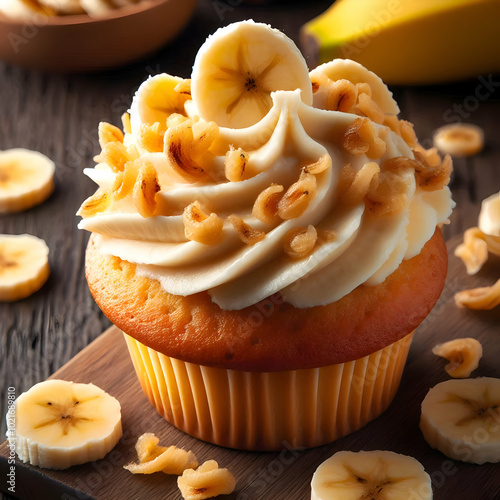  Extreme close-up banana cupcake has banana chips on a wooden table  photo