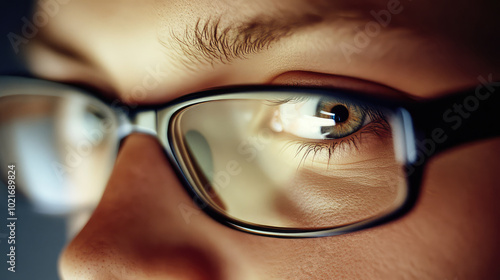 Wallpaper Mural An extreme close-up shot focusing on an eye with the reflection of a computer screen in the glasses, conveying focus, technology, and digital engagement. Torontodigital.ca
