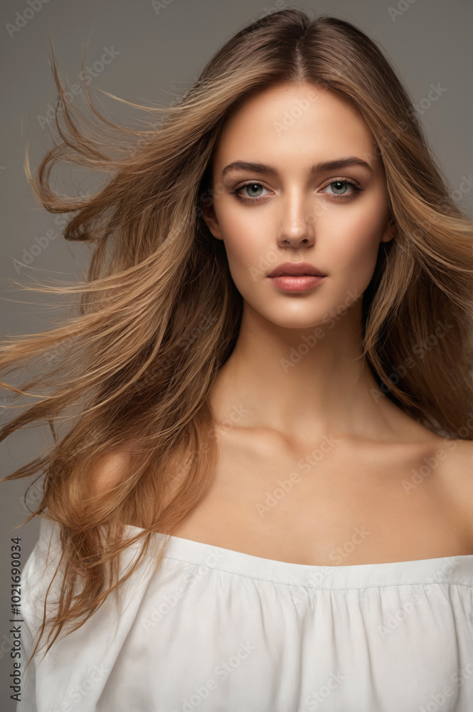 Fototapeta premium beautiful blond hair young woman. flying hairstyle. beauty portrait of pretty girl