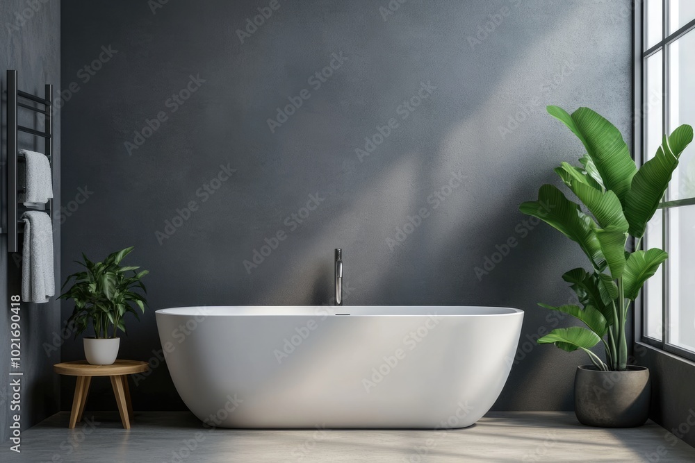 Contemporary Bathroom Interior with Grey Bathtub and Shower. Empty Wall Mockup Contemporary Bathroom Interior with Grey Bathtub and Shower. Empty Wall Mockup