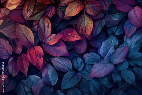 Vibrant and colorful background of leaves in shades of blue and purple