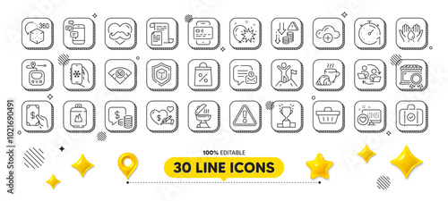 Shopping basket, Gas cylinder and Documents line icons pack. 3d design elements. Air conditioning, Card, Coins web icon. Metro, Deflation, Coffee break pictogram. Vector