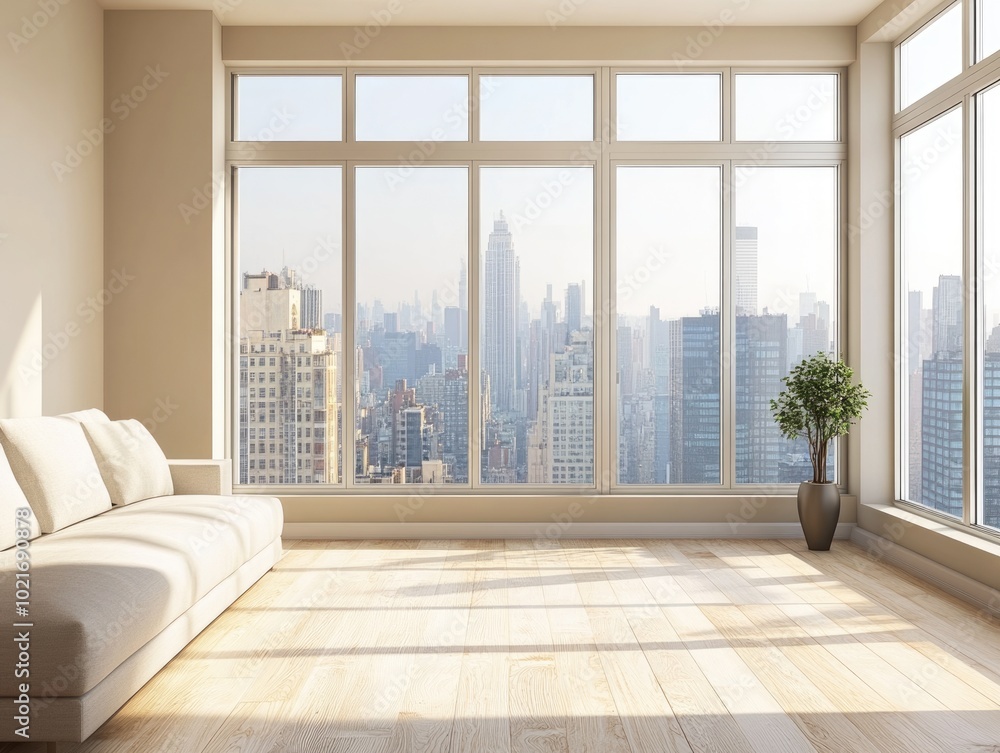 Fototapeta premium Modern Living Room with City Panorama View and Stylish Design