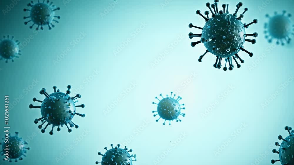 A virus structure replicates rapidly, floating in a light blue background with a focus on its infectious spread. The scene is static, with ambient lighting that emphasizes the sense of urgency in the A virus structure replicates rapidly, floating in a light blue background with a focus on its infectious spread. The scene is static, with ambient lighting that emphasizes the sense of urgency in the