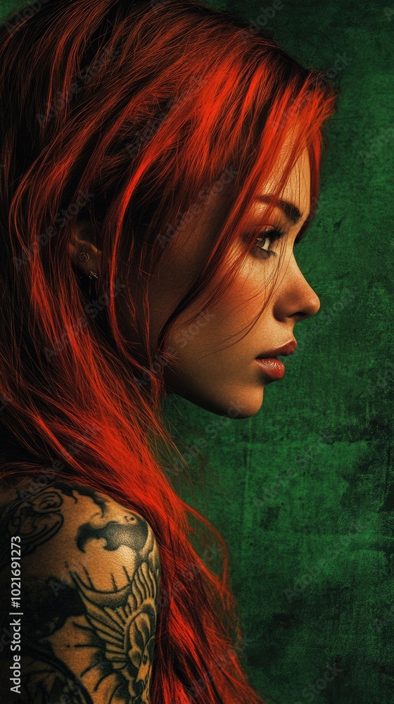A Japanese girl with fiery red hair and intricate tattoos under dark lighting against a textured green backdrop A Japanese girl with fiery red hair and intricate tattoos under dark lighting against a textured green backdrop