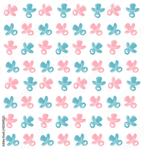 Baby pacifier, dummy, soother or teether flat vector - icon for apps and websites - colo light blue and pink- ideal for baby shower - party, birthday - baptismo - pattern  - tile - background

