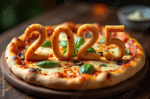 A pizza is depicted on a wooden table and the numbers 2025 are on it. A banner for celebrating the New Year. Food delivery. Pizzeria