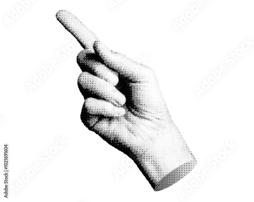 Index finger pointing, indicating. Pointer forefinger. Halftone textured old style vector isolated on white background.