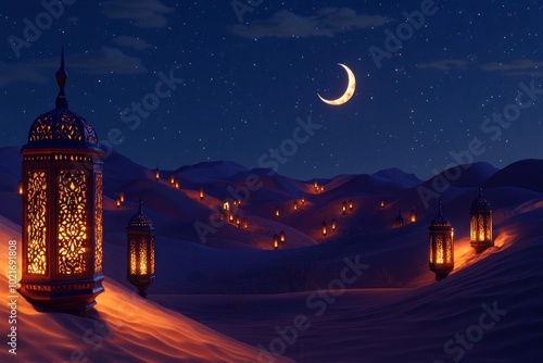 Serene Desert Night Scene with Lanterns and Moonlight