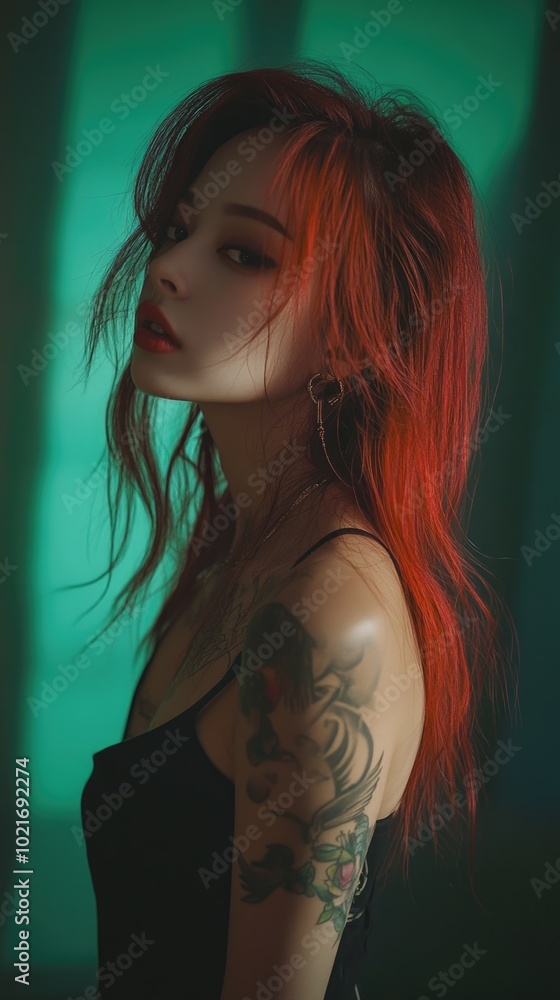 Mysterious girl with flowing red hair and tattoo in dramatic portrait against soft green backdrop Mysterious girl with flowing red hair and tattoo in dramatic portrait against soft green backdrop