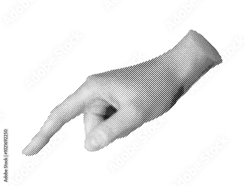 Finger pointing gesture, sign. Index finger, pointer indicating, advertising. Halftone old style vector isolated on white background..