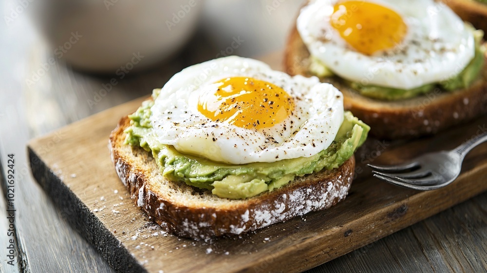 A close-up of a sandwich on a cutting board with an egg and avocado on top A close-up of a sandwich on a cutting board with an egg and avocado on top