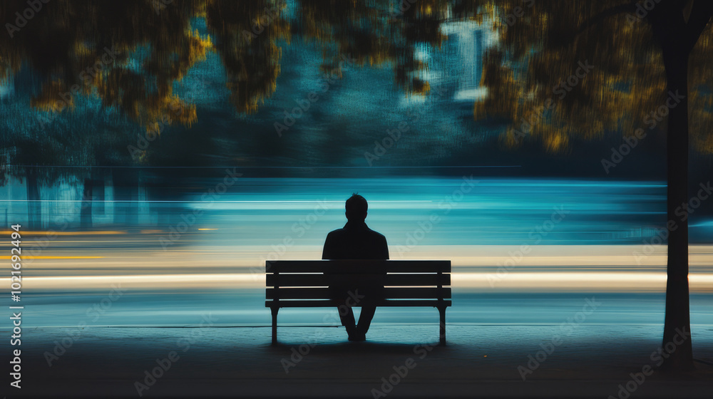 A dramatic scene capturing a solitary figure seated on a bench with vibrant, blurred traffic lights streaming by, evoking a sense of solitude and contemplation. A dramatic scene capturing a solitary figure seated on a bench with vibrant, blurred traffic lights streaming by, evoking a sense of solitude and contemplation.