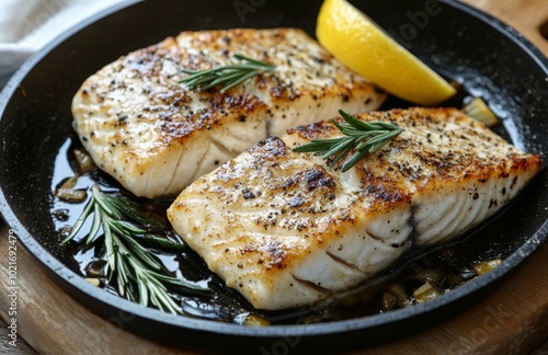 Perfectly seared fish fillets garnished with herbs and lemon on a black plate