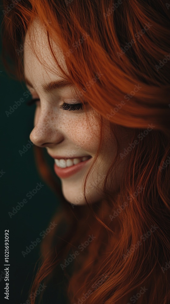 A red-haired girl smiles softly against a deep green backdrop, showcasing her intricate hair texture in a warm, glowing atmosphere A red-haired girl smiles softly against a deep green backdrop, showcasing her intricate hair texture in a warm, glowing atmosphere