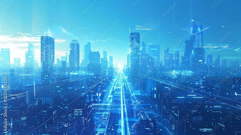 Blue and white digital city illustration Blue and white digital city illustration