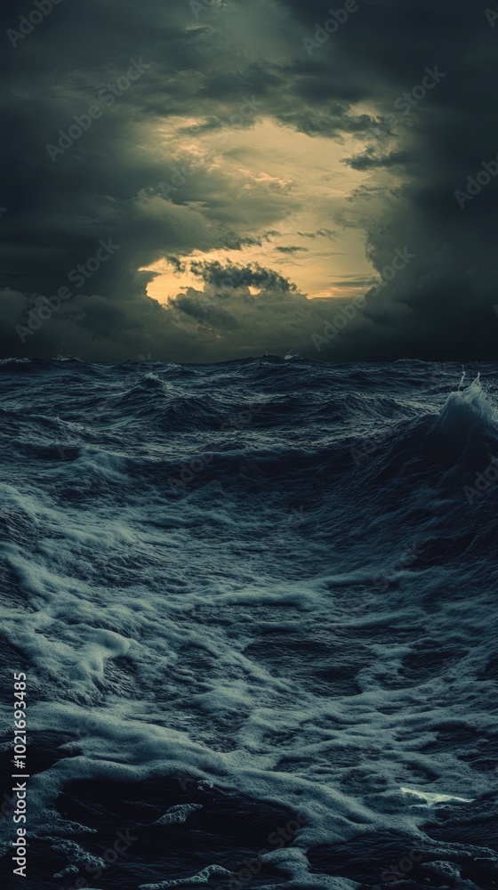 Dramatic stormy ocean coast under an overcast sky with waves crashing, capturing a moment of nature's power and beauty Dramatic stormy ocean coast under an overcast sky with waves crashing, capturing a moment of nature's power and beauty