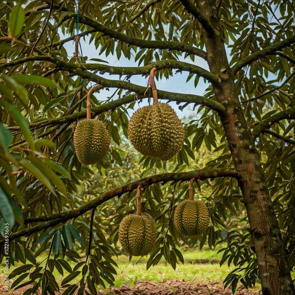 a durian tree in an orchard, with large durian fruits hanging heavily from the branches, surrounded by lush green leaves under a clear blue sky
a durian tree in an orchard, with large durian fruits hanging heavily from the branches, surrounded by lush green leaves under a clear blue sky