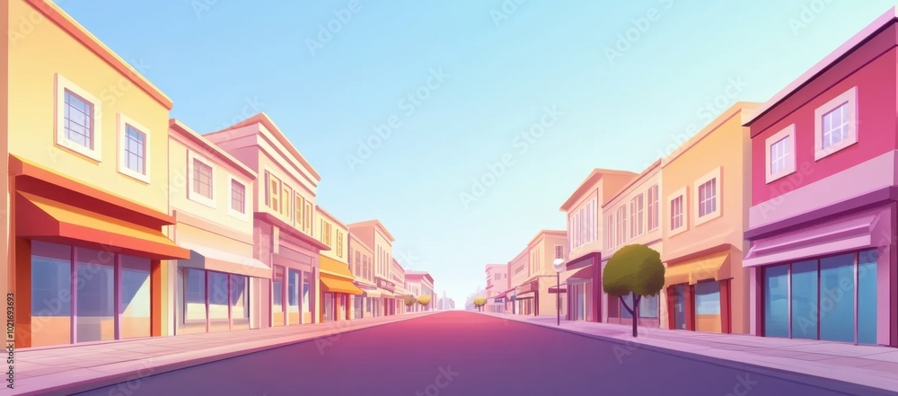 Naklejka premium Flat illustration of a city street with buildings and shops on the sides, a clear sky, a simple background, simple flat design Generative AI