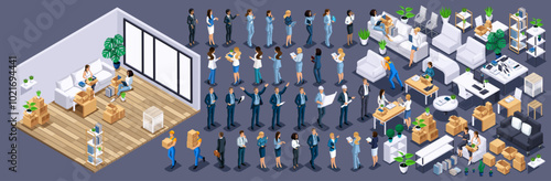 Isometric Kit for creating an office cabinet. Large Kit of furniture and Isometric Characters, Personage. Create your own unique design N1