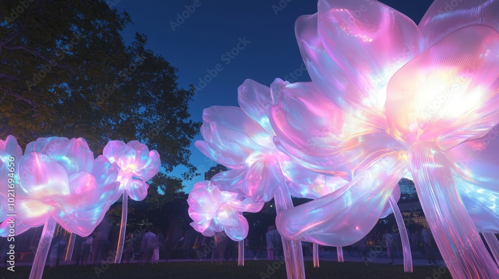 Obraz premium Illuminated Interactive Flower Installation Reacting to Visitors' Movement
