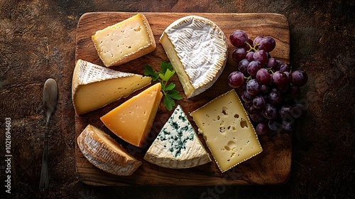  A variety of cheeses and grapes on a cutting board, with a knife and a glass of wine next to them