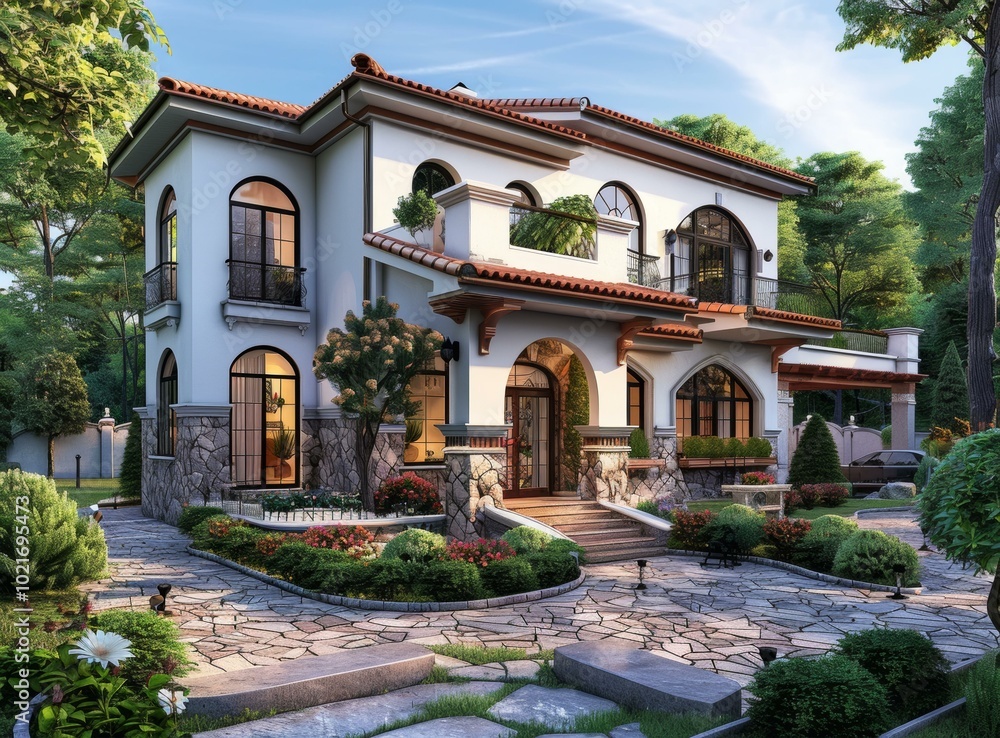 Fototapeta premium Luxury Villa Exterior with Lush Landscaping
