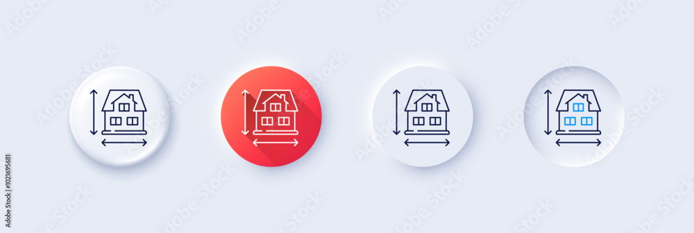 House dimension line icon. Neumorphic, Red gradient, 3d pin buttons. Building size sign. Architecture measurement symbol. Line icons. Neumorphic buttons with outline signs. Vector House dimension line icon. Neumorphic, Red gradient, 3d pin buttons. Building size sign. Architecture measurement symbol. Line icons. Neumorphic buttons with outline signs. Vector