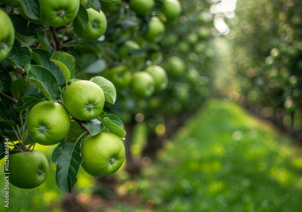 A lush green apple orchard with ripe apples hanging from the branches A lush green apple orchard with ripe apples hanging from the branches