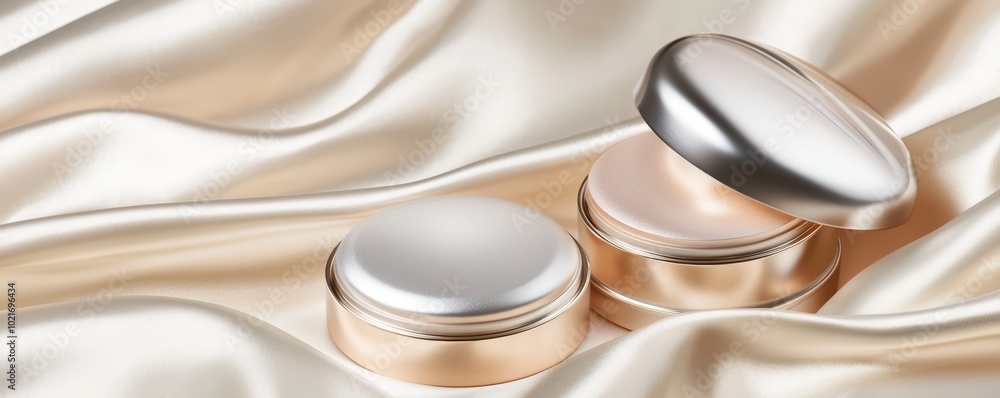 A set of luxurious silver and gold cosmetic packaging, arranged on creamy satin fabric, illuminated by soft daylight for a natural, sophisticated look. A set of luxurious silver and gold cosmetic packaging, arranged on creamy satin fabric, illuminated by soft daylight for a natural, sophisticated look.