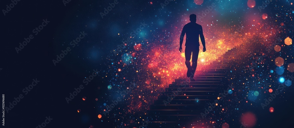 Naklejka premium Abstract image of a man climb stairs in the form of a starry sky or space, consisting of points